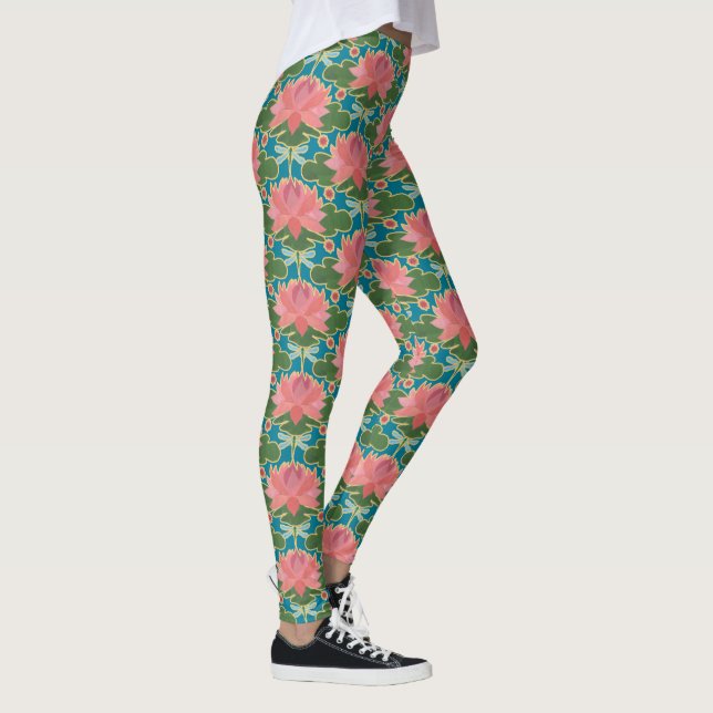 Legging Lírios de Água Rosa e Dragões Azuis no Teal (Direita)