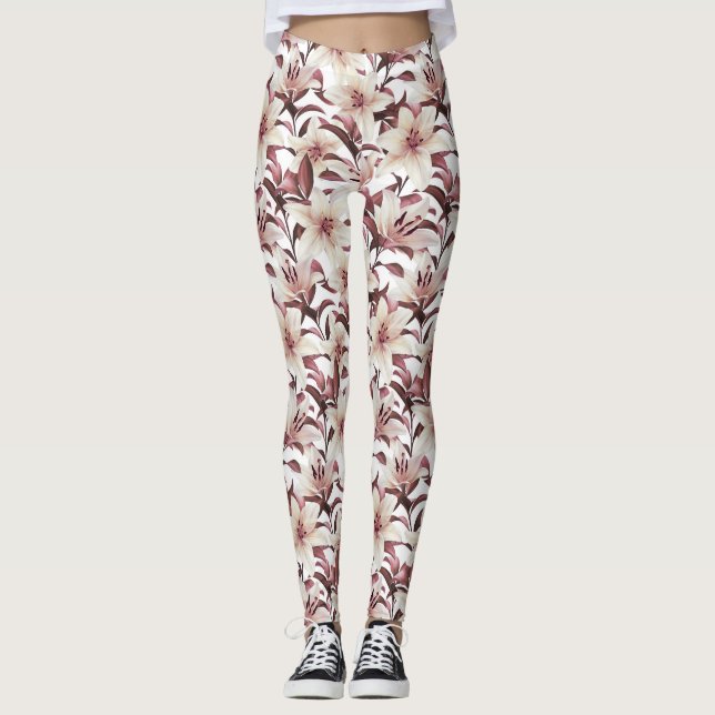 Legging Lírios em branco. Padrão floral (Frente)