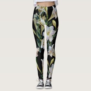 Legging Lírios florais: pintura preta de fundo