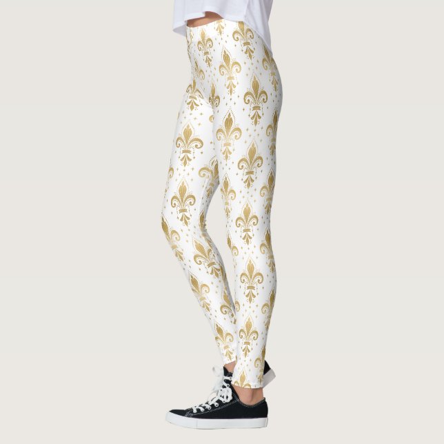 Legging Lís-flor de ouro padrão contínuo em branco (Esquerda)