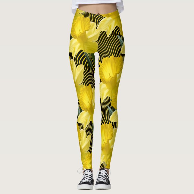 Legging Listra amarela ondulada dos grandes Daffodils (Frente)