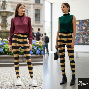 Legging Listra Horizontal Preta Dourada Metálica Brilhante
