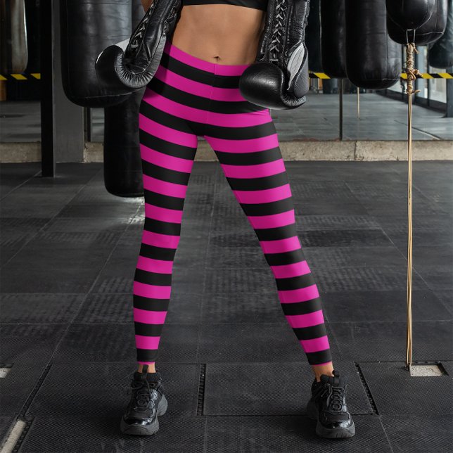 Legging Listra Horizontal Preto e Rosa Quente (Black and Hot Pink Horizontal Stripe Leggings)