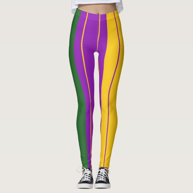 Legging Listrado de Mardi Gras Roxo, Verde, Amarelo (Frente)