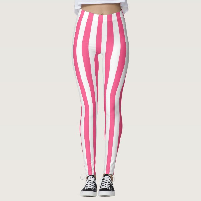 Legging Listras brancas e rosa-quente verticais (Frente)