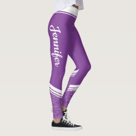 Legging Listras brancas florais de lavanda escura e nome m