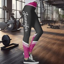 Legging Listras brancas florais, pretas e cor-de-rosa
