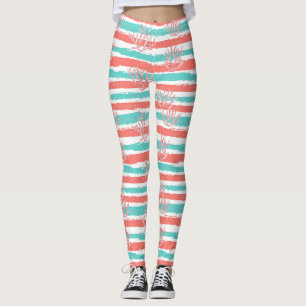Legging Listras de Coral em Padrão de Aquarela Costeira (1