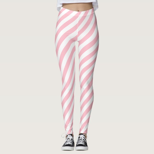 Legging Listras Diagonais de Tamanho Médio Rosa e Branco (Frente)