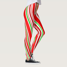 Legging Listras Espirais Finas de Bastão de Natal Vermelho