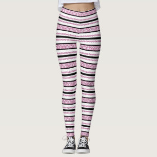 Legging Listras pretas e brancas com padrão floral magenta