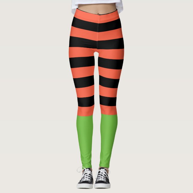 Legging Listras Pretas e Laranjas Fundo Verde Diversão Hal (Frente)