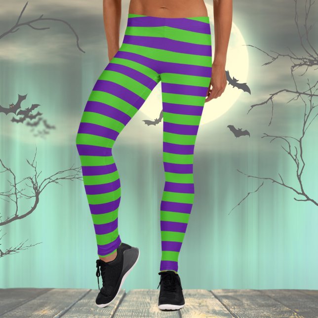Legging Listras verdes e violetas (Purple and Green Halloween Costume Striped Leggings for Women)