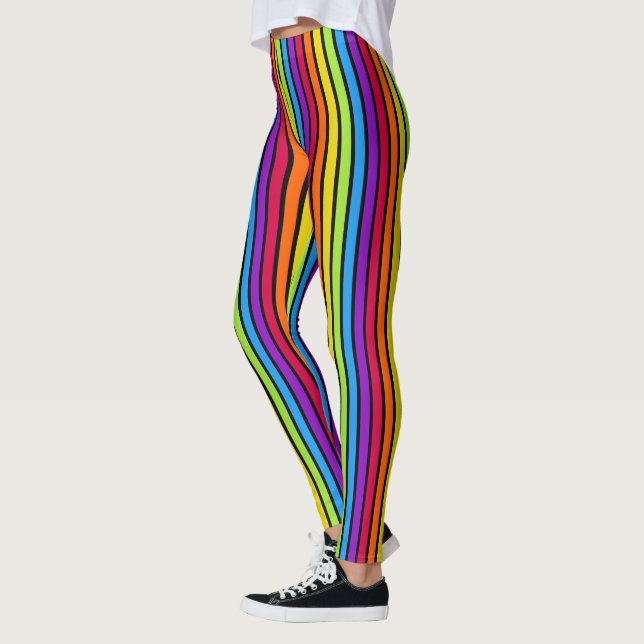 Legging Listras Verticais Pretas Arco-Íris Colorido Brilha (Esquerda)
