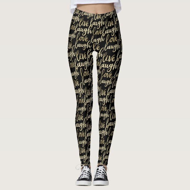 Legging Live Laugh Love Faux Dourado Letoração Negra (Frente)