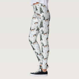 Legging Lobos Aquarela Árvores de Pinheiro Cobertas de Nev