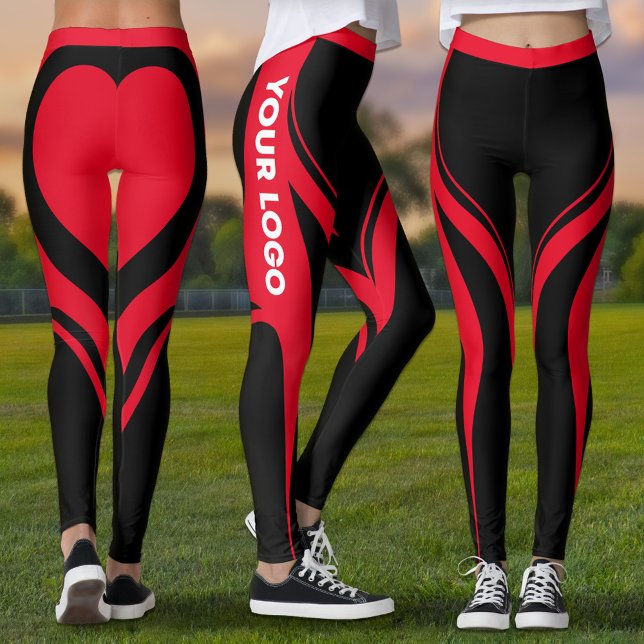 Legging Logotipo Uniforme da Equipe do Bumbum Vermelho Neg (Red and black leggings with red heart on butt and your team logo on the side of the leg)