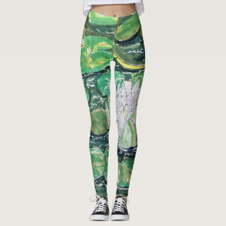 Legging Lótus Branco e Folhas de Lótus