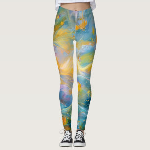 Legging Lótus Dourados Abstratos Flores Flutuantes 