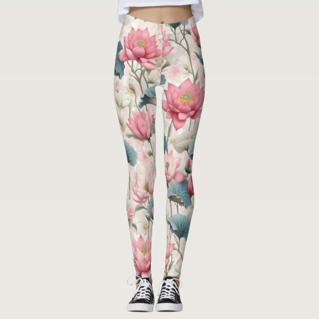 Legging Lotus Romântico em Rosa, Creme e Verde Suave (Frente)