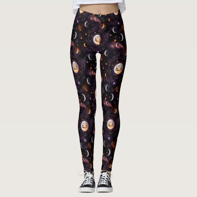 Legging Lua de Abóbora Cósmica Bokeh - Celestial Assustado (Frente)