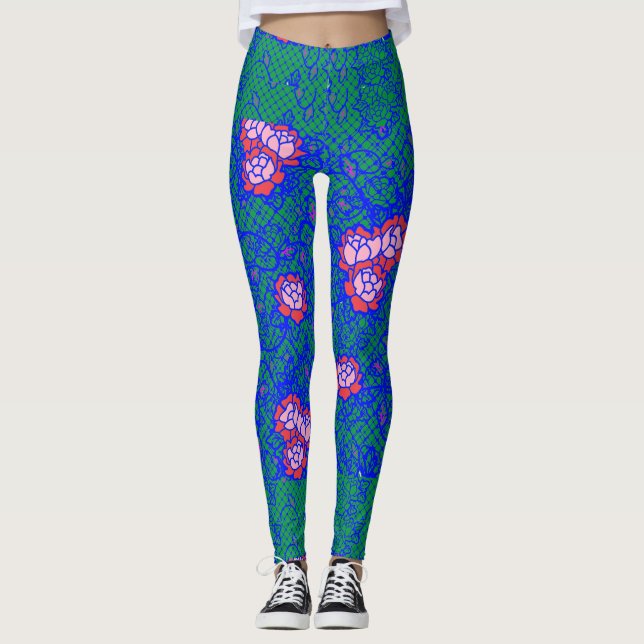 Legging Luminosa Blue net com flores 01 Verde BG (Frente)