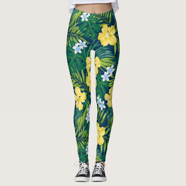 Legging Luna Hibiscus Garden Havaiana - Amarelo e Marinho (Frente)