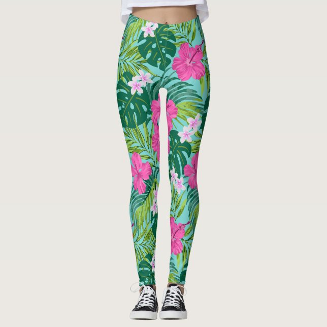 Legging Luna Hibiscus Garden Havaiana - Rosa e Turquesa (Frente)