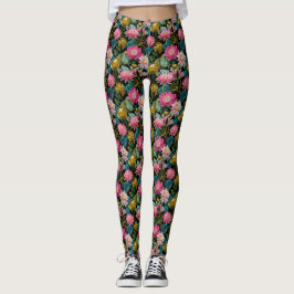 Legging Lush Tropical Leaves Pink Exotic Flowers Botanical