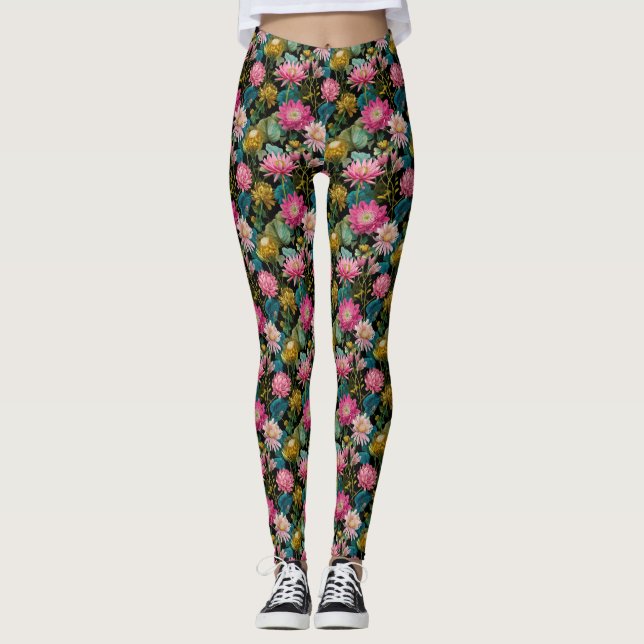 Legging Lush Tropical Leaves Pink Exotic Flowers Botanical (Frente)