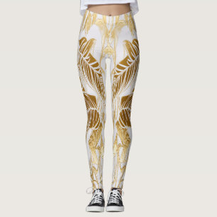 Legging Luxo Folha de Palmeira Monstera em Marfim e Ouro