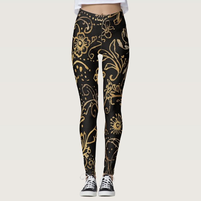 Legging Luxo, padrão de flores em ouro preto (Frente)