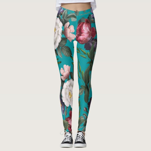 Legging Luxuoso e moderno jardim de verão em azul (Frente)