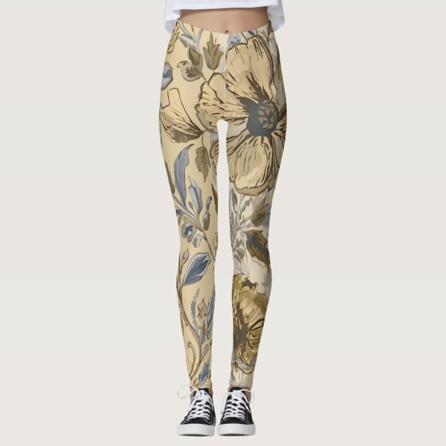 Legging Luxury Flowers are Blooming, Gold Beige Soft Blue (Frente)