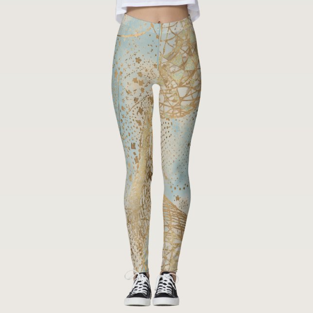 Legging Luxury, Gold Pixels Lines Pattern Soft Blue (Frente)