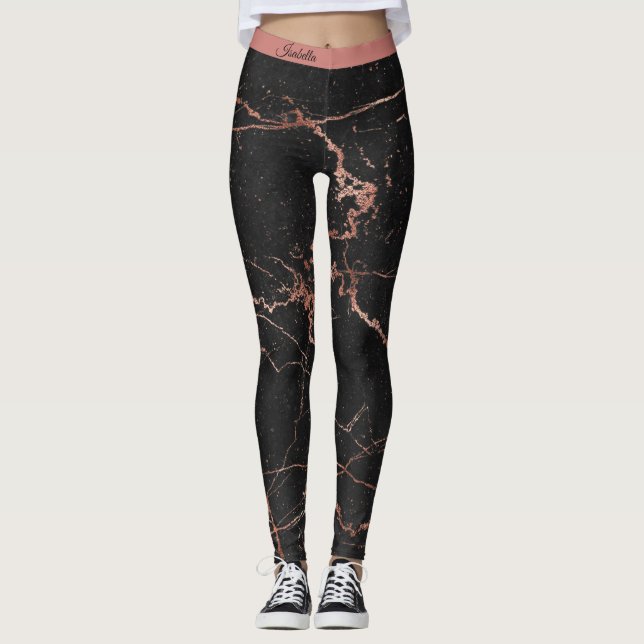 Legging Lúxury Trendy Marble Pink Black Add Text (Frente)