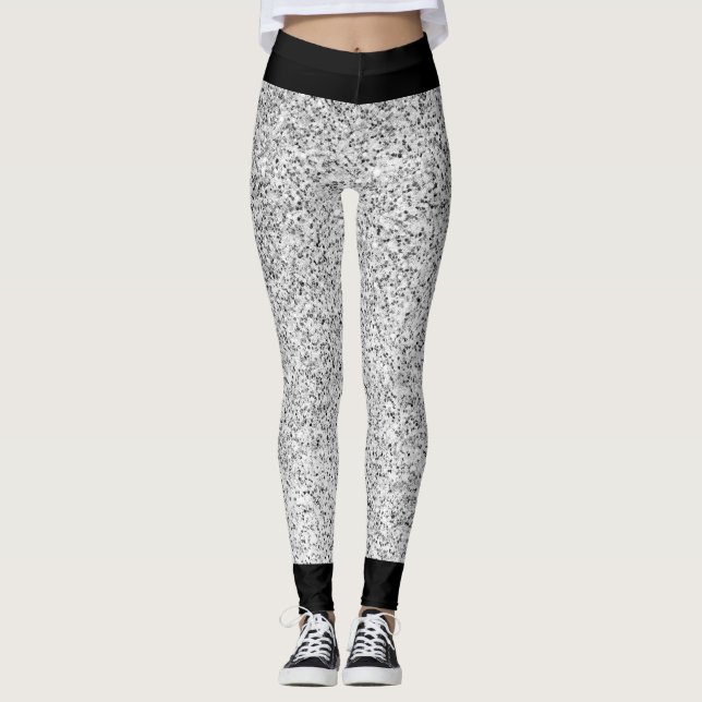 Legging Luz cinza prateada brilho faíscas com preto (Frente)