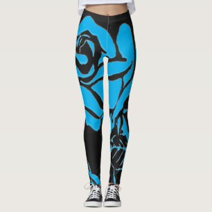 Legging Luz - o woodcut azul aumentou em um fundo preto