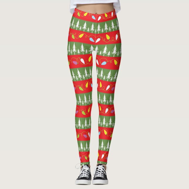 Legging Luzes de Natal de Árvore Vermelha e Verde (Frente)