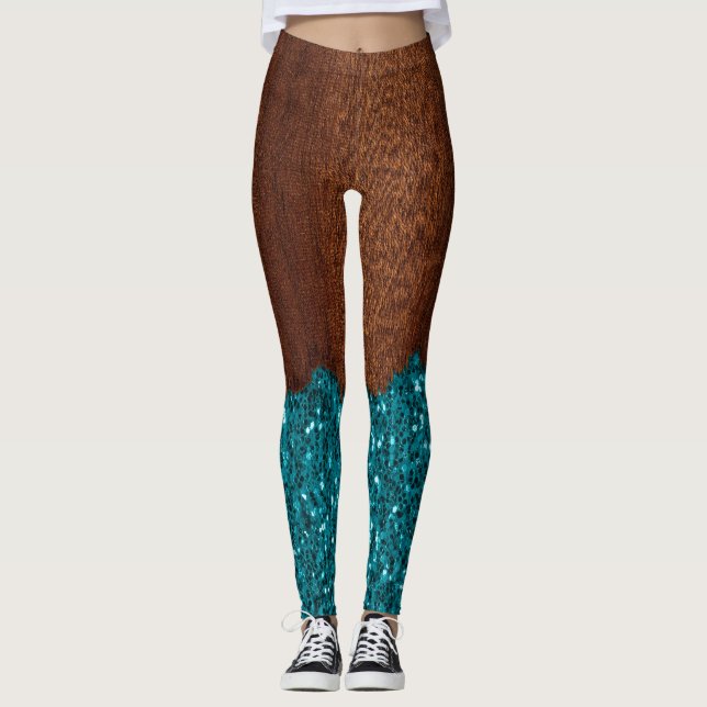 Legging Madeira marrom-russa azul-aqua brilha (Frente)