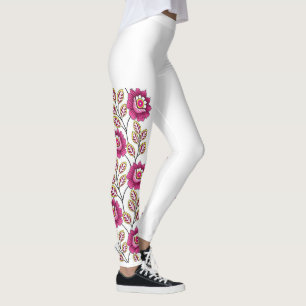 Legging Magenta Boho Floral Videira Borda Clássico Branco
