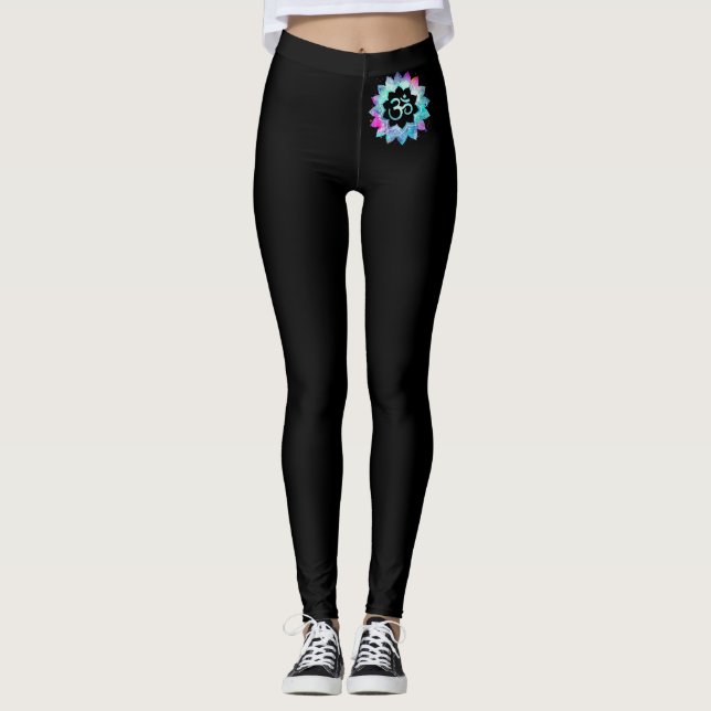 Legging Magenta de néon & azul do OM do *~* no preto (Frente)