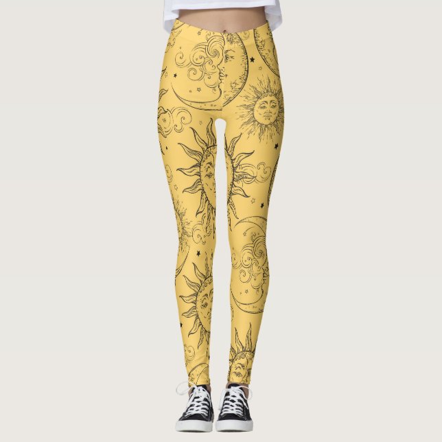 Legging Magia Amarela Vintage Sol Celestial Lua Estrelas (Frente)