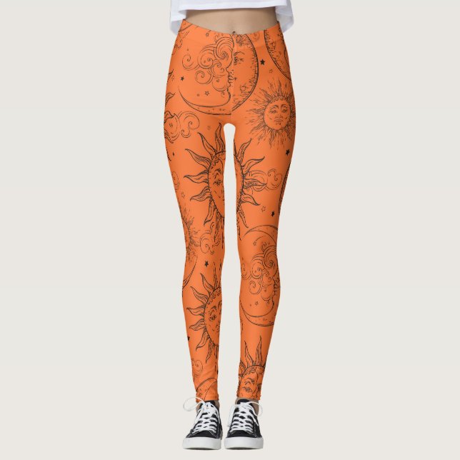 Legging Magia Laranja Vintage Celestial Sol Lua Estrelas (Frente)