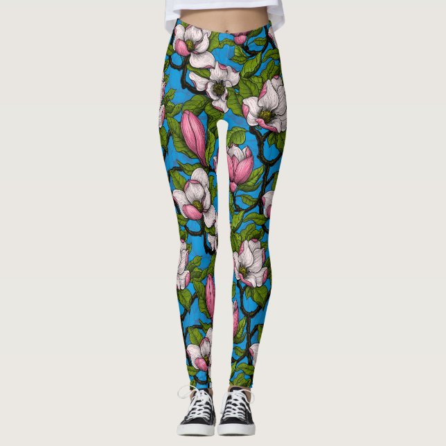 Legging Magnólia florescente em azul (Frente)