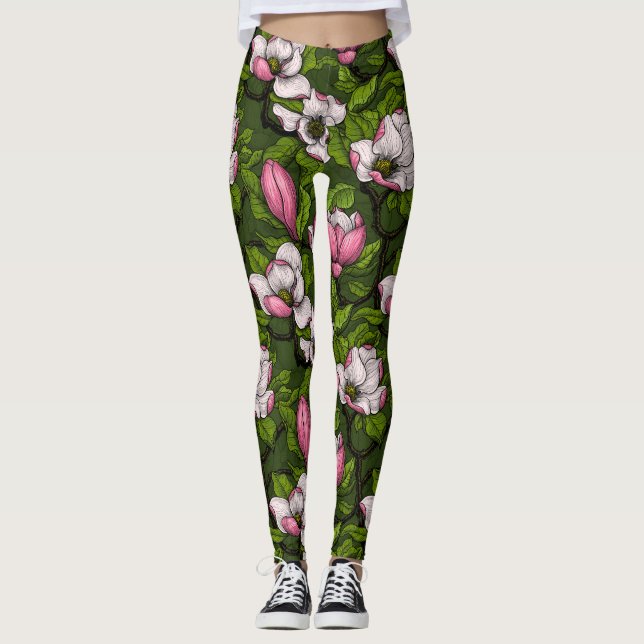Legging Magnólia florescente em verde escuro (Frente)