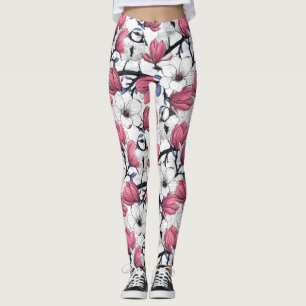 Legging Magnólia rosa e pássaros tintos azuis