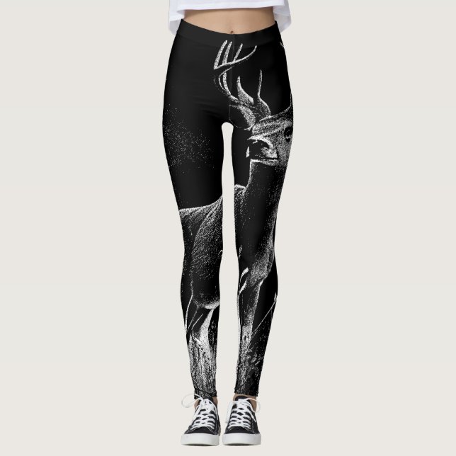 Legging Maiestoso cervo na natureza - Arte Preta e Branca (Frente)