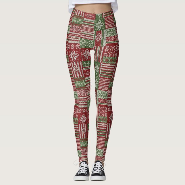 Legging Mala de Natal em Tricô Patchwork Clássico - Vermel (Frente)