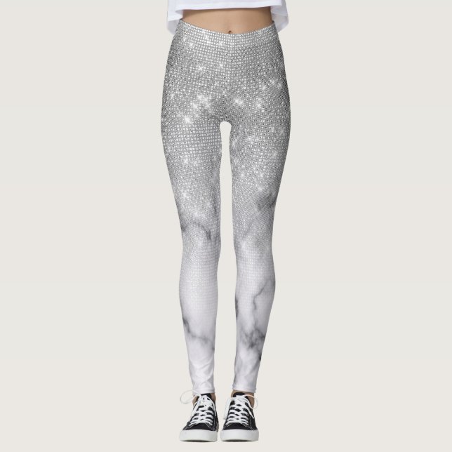 Legging Mânamo branco de mármore brilhante prateado (Frente)